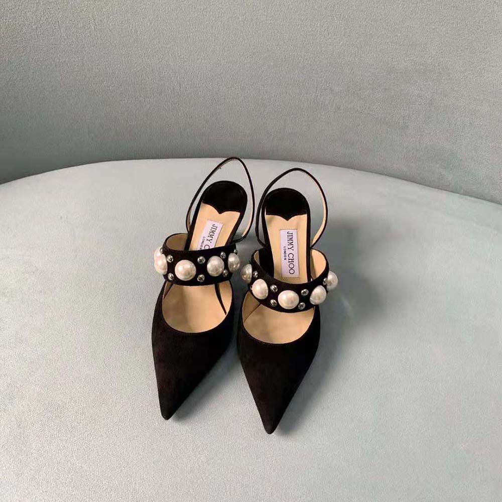 Close-up of pearl and stud embellishments on Jimmy Choo Breslin 100 slingback