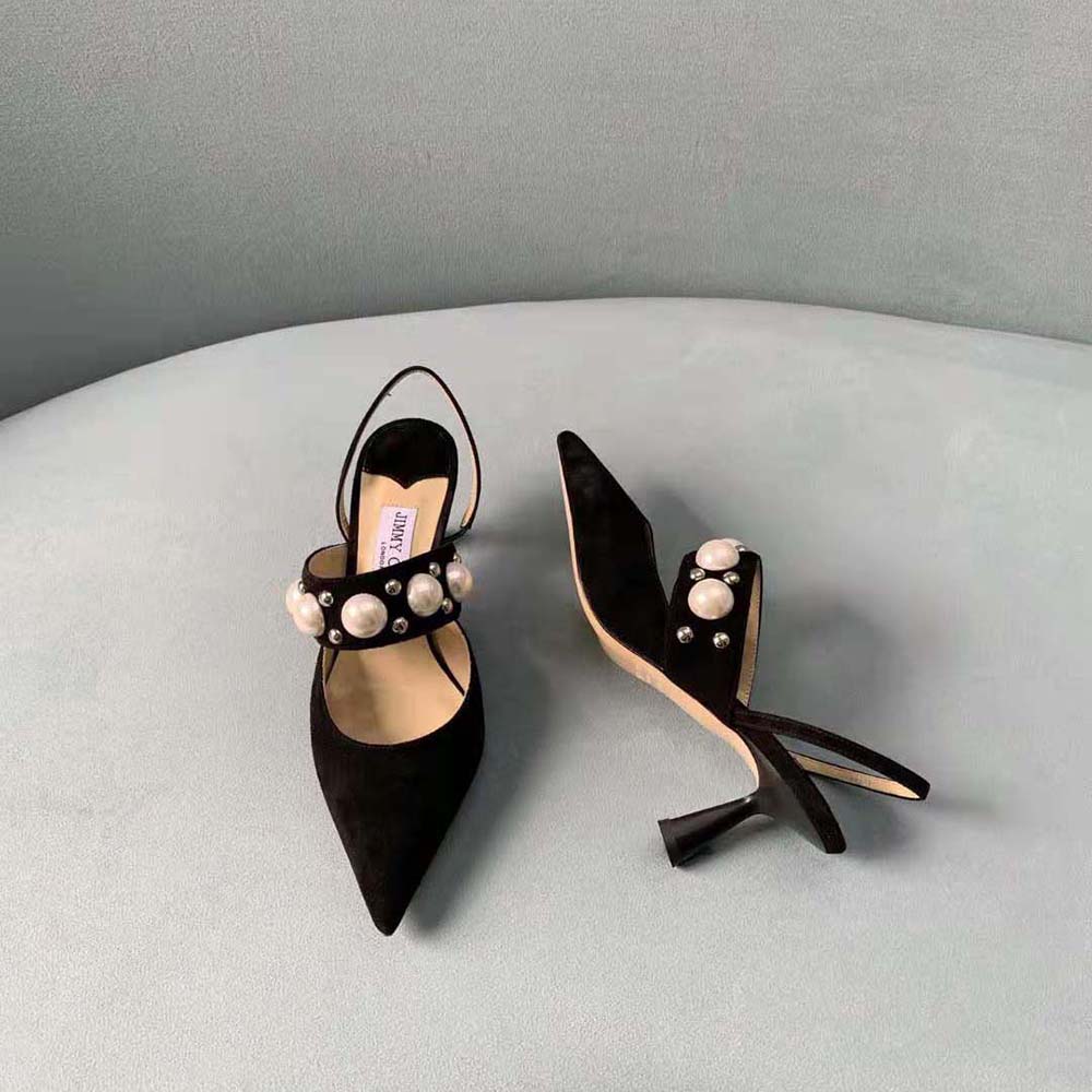 Jimmy Choo Women Breslin 100 Black Suede Slingbacks with Pearl and Stud Embellishment - image 4