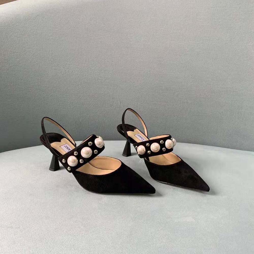 Front view of Jimmy Choo Women Breslin 100 Black Suede Slingbacks with heel silhouette