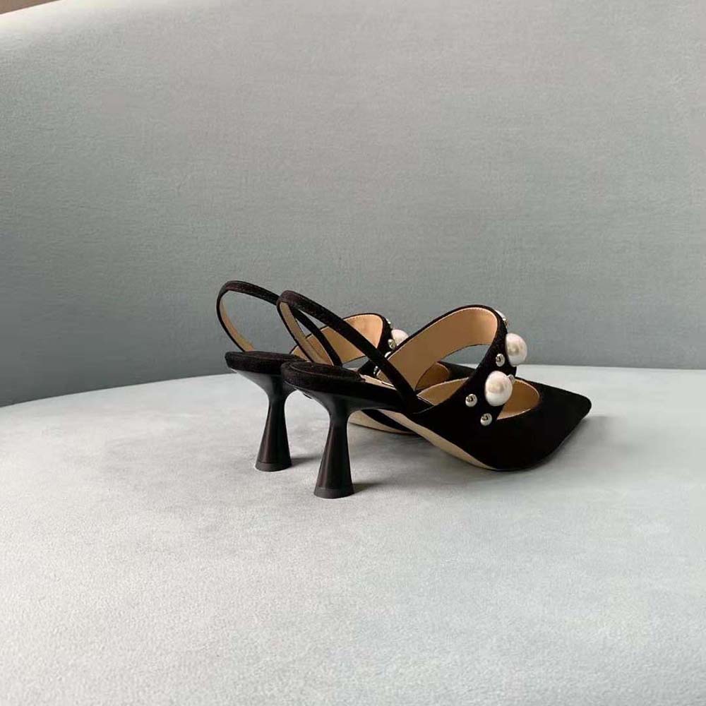 Jimmy Choo Women Breslin 100 Black Suede Slingbacks with Pearl and Stud Embellishment - image 5