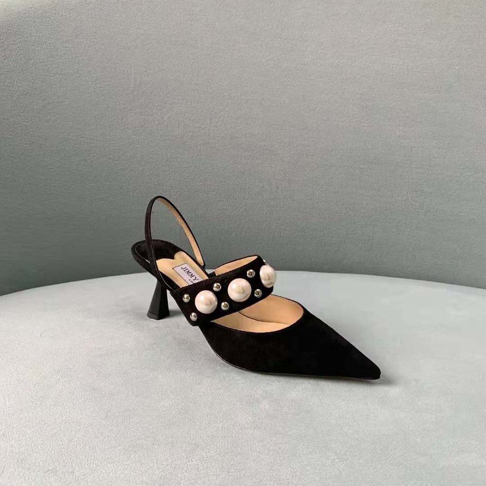 Jimmy Choo Women Breslin 100 Black Suede Slingbacks with Pearl and Stud Embellishment - image 7