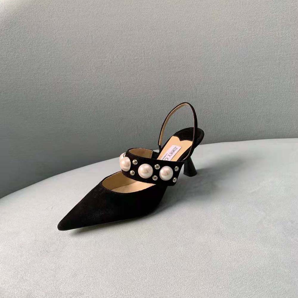 Jimmy Choo Women Breslin 100 Black Suede Slingbacks with Pearl and Stud Embellishment - image 6