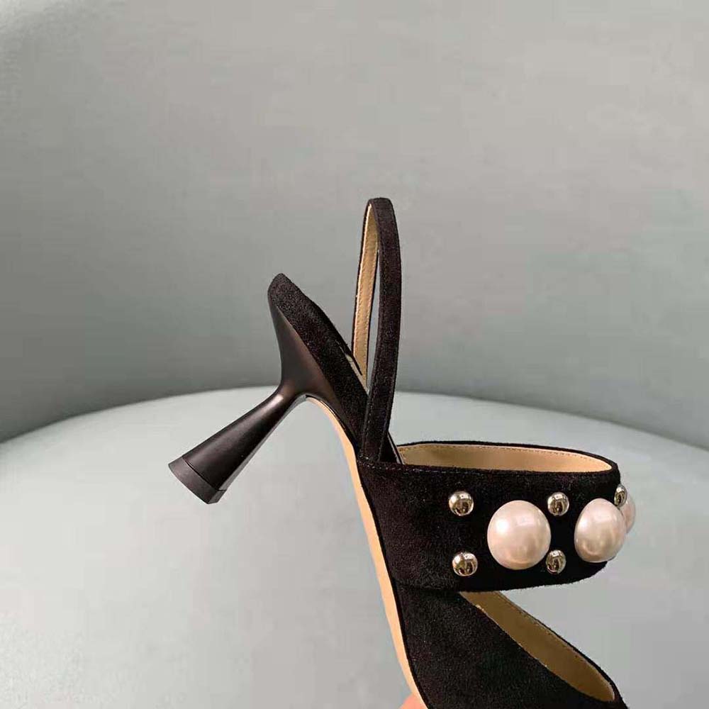 Jimmy Choo Women Breslin 100 Black Suede Slingbacks with Pearl and Stud Embellishment - image 9
