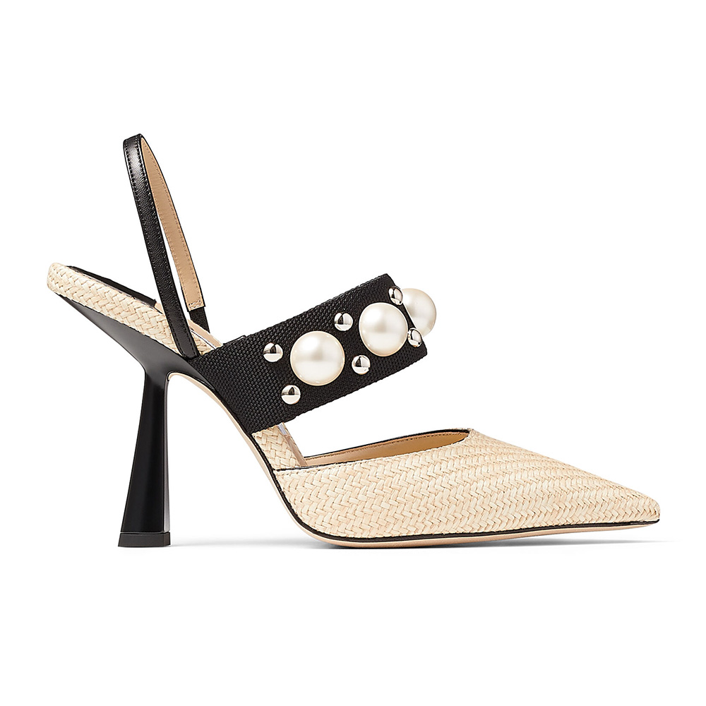 Side angle of Jimmy Choo Women Breslin 100 Natural Raffia Slingbacks with pearl studs