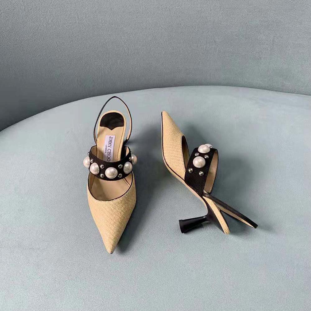 Jimmy Choo Women Breslin 100 Natural Raffia Slingbacks with Pearl and Stud Embellishment - image 4