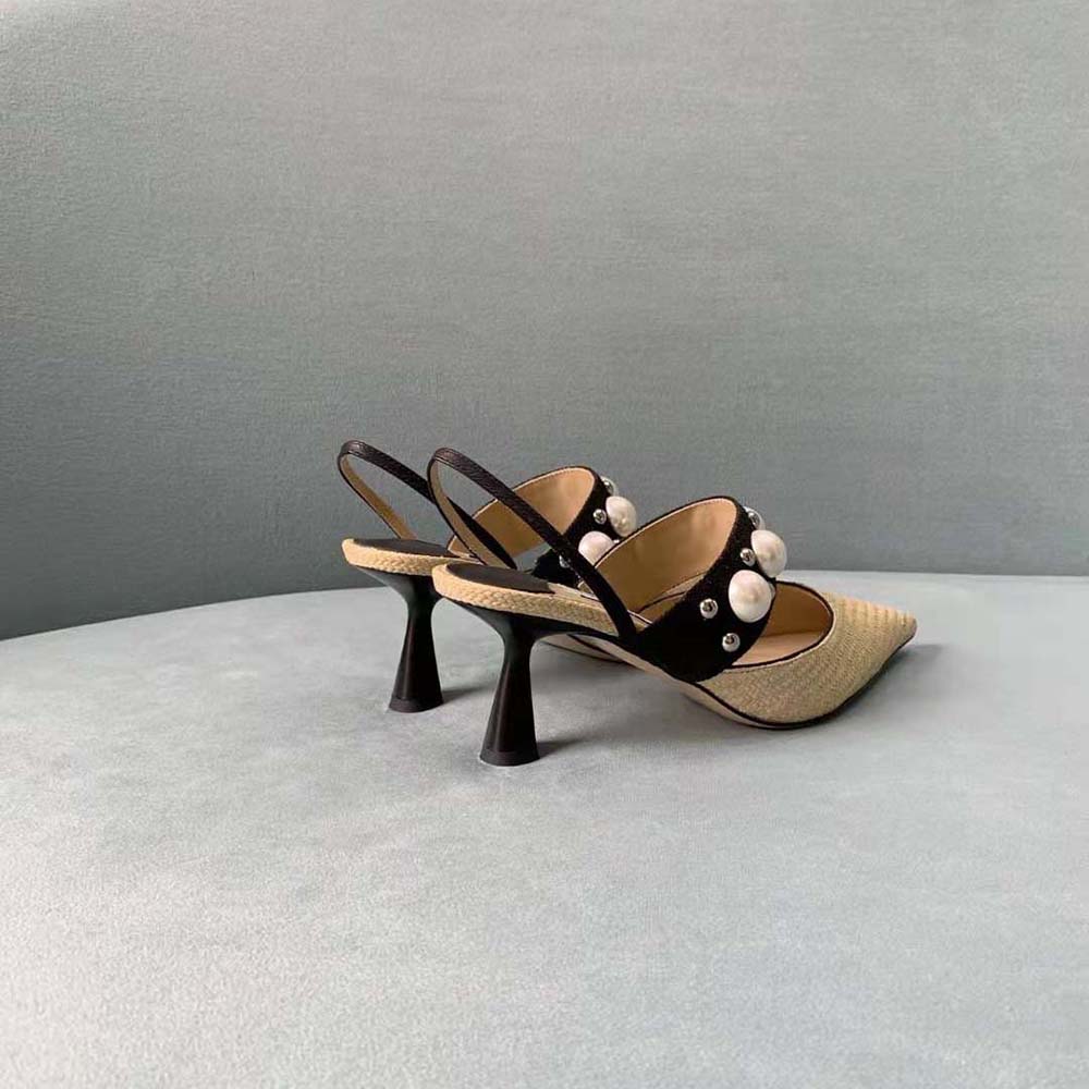Jimmy Choo Women Breslin 100 Natural Raffia Slingbacks with Pearl and Stud Embellishment - image 5