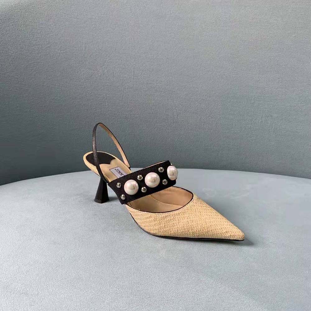Jimmy Choo Women Breslin 100 Natural Raffia Slingbacks with Pearl and Stud Embellishment - image 6
