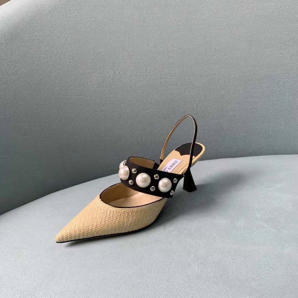 Jimmy Choo Women Breslin 100 Natural Raffia Slingbacks with Pearl and Stud Embellishment - image 7
