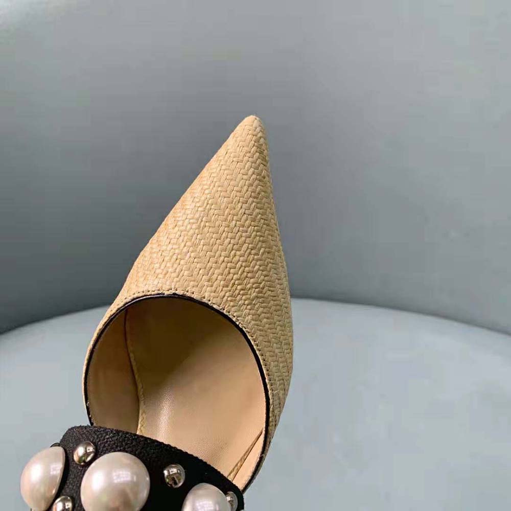 Jimmy Choo Women Breslin 100 Natural Raffia Slingbacks with Pearl and Stud Embellishment - image 9