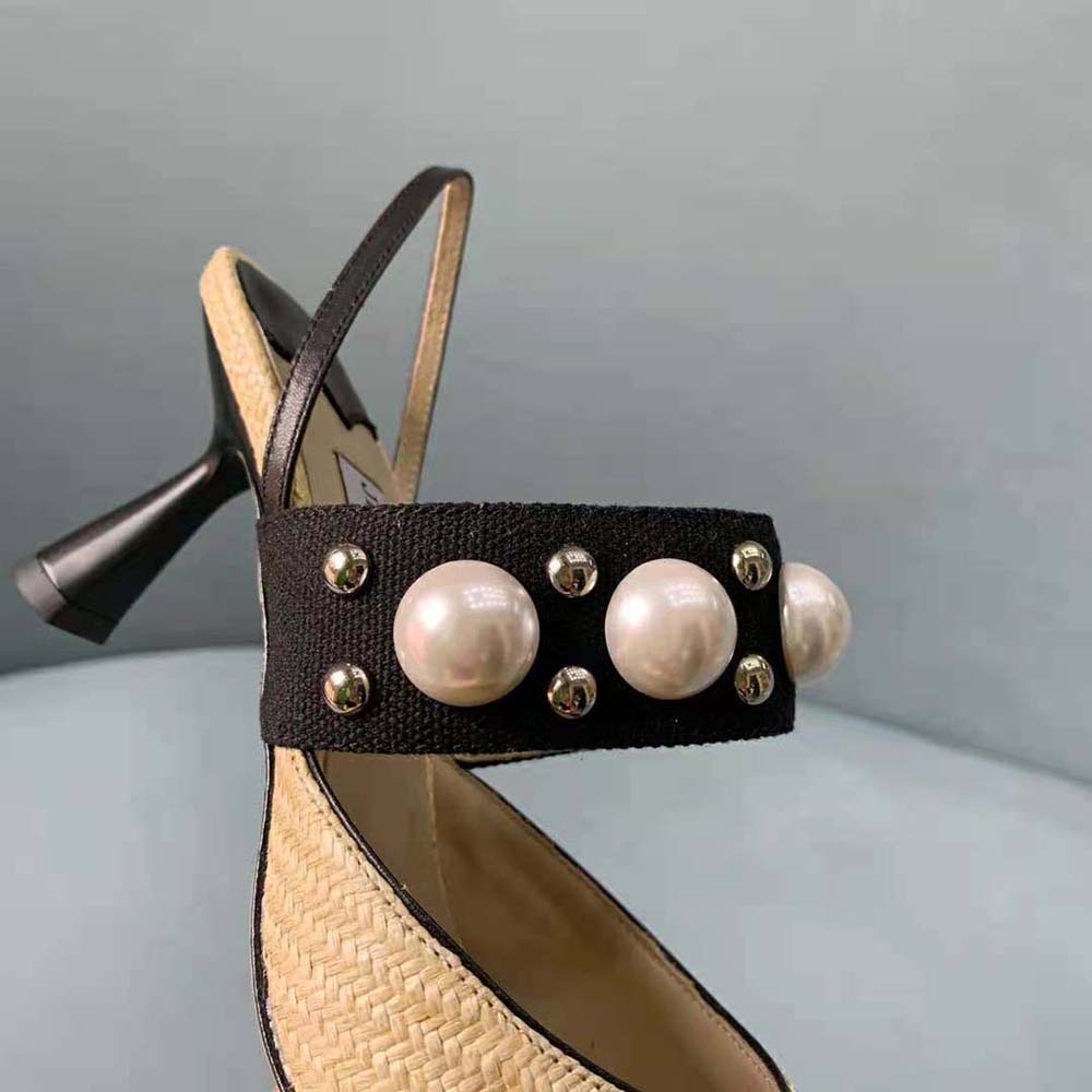 Jimmy Choo Women Breslin 100 Natural Raffia Slingbacks with Pearl and Stud Embellishment - image 8