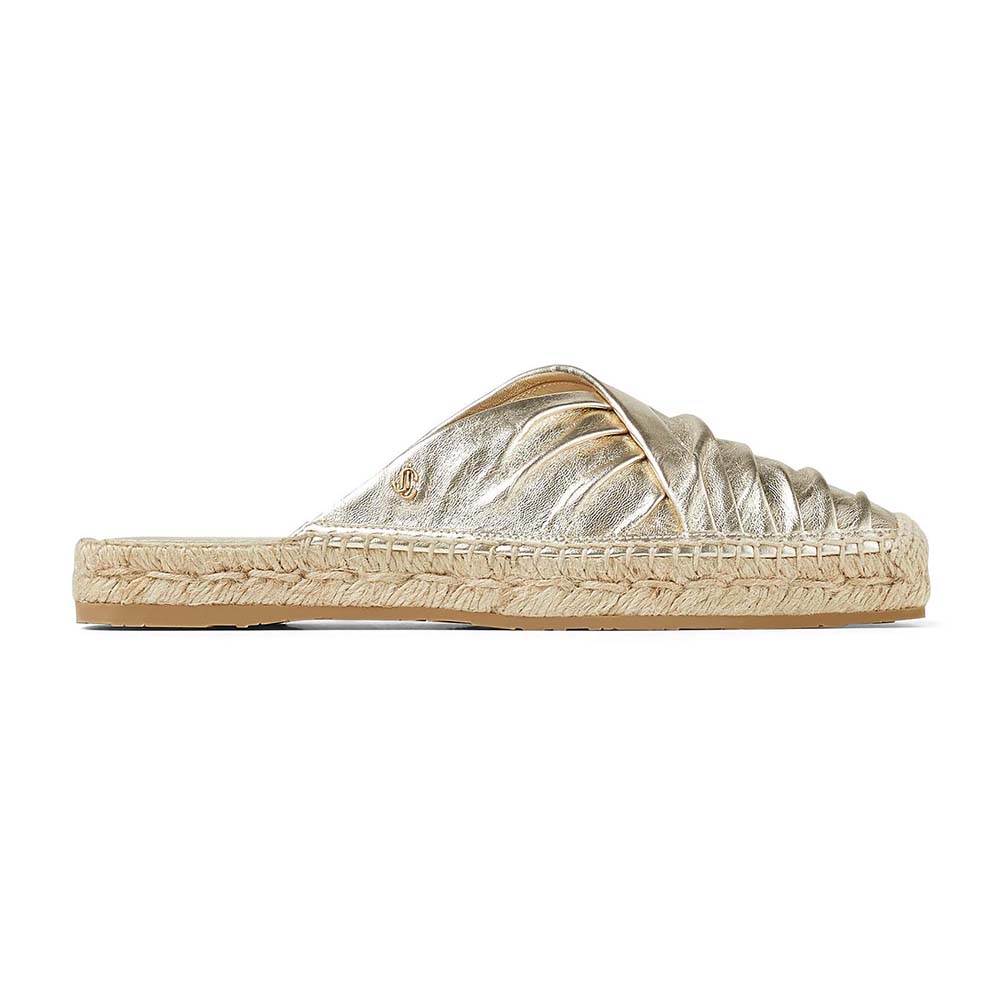 Side view of Jimmy Choo Women DES Flats Champagne Metallic Nappa Espadrille in gold