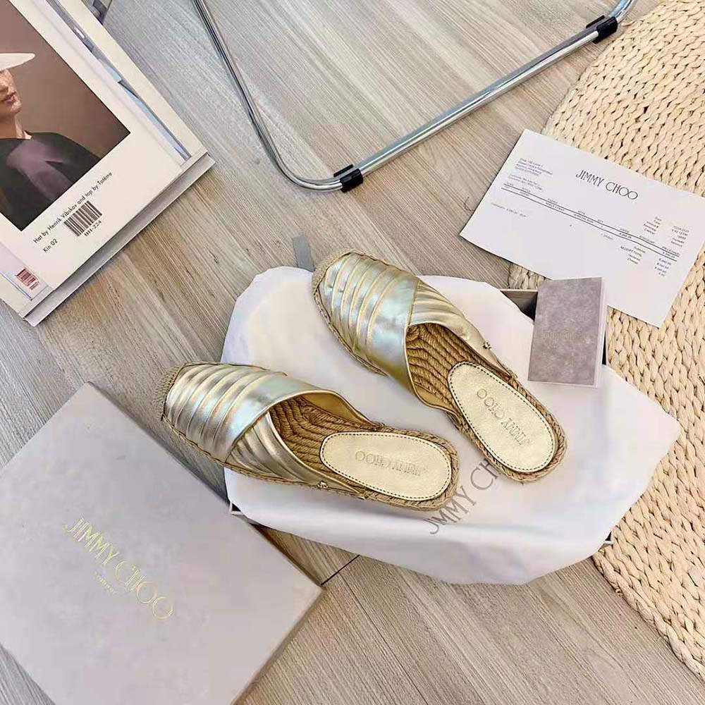 Top-down angle showing espadrille sole and metallic leather of Jimmy Choo DES Flats