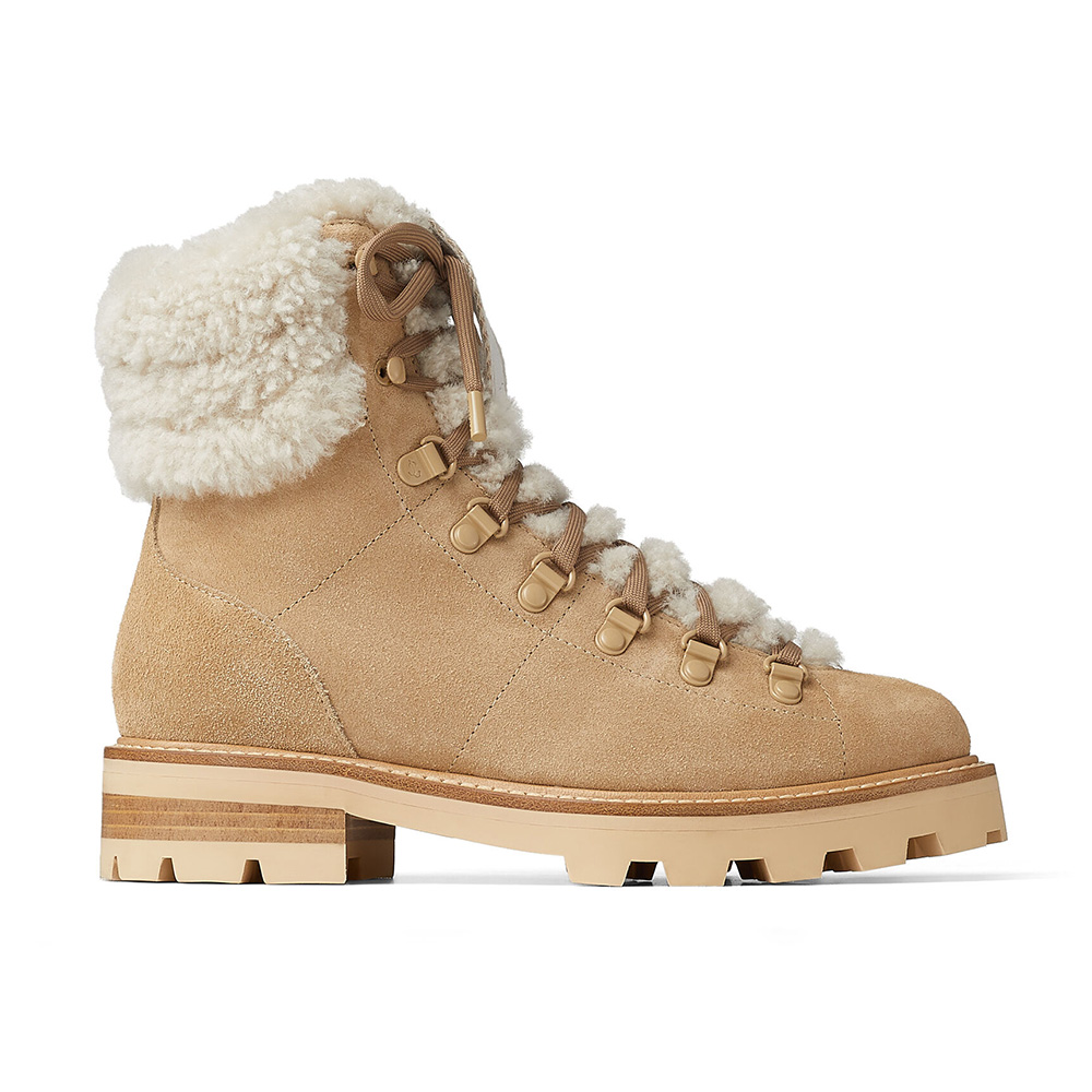 Side view of Jimmy Choo Women Eshe Flat Shearling Stucco Suede Hiking Boots in brown