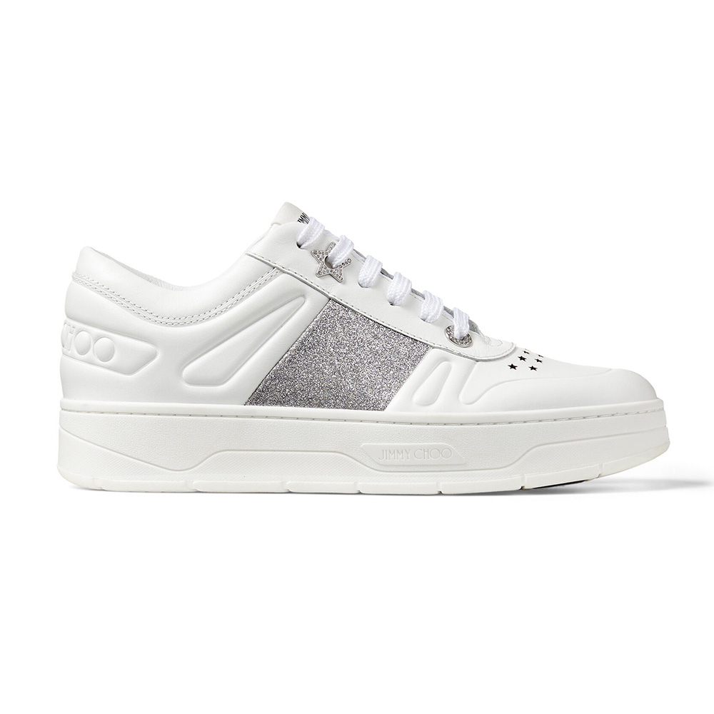 Side view of Jimmy Choo Women Hawaii/f White Calf Leather Lace-Up Trainers with Glitter Stripe
