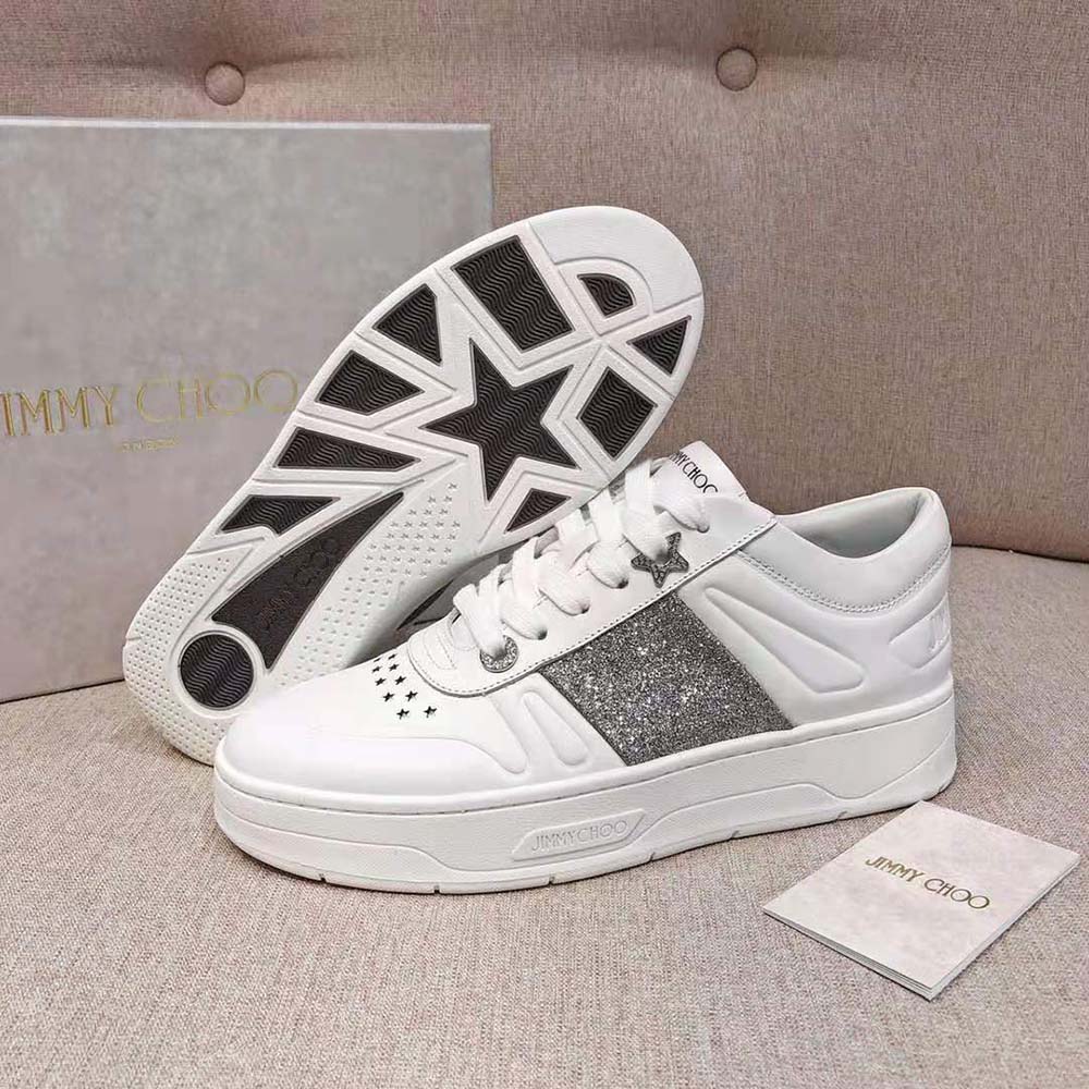 Jimmy Choo Women Hawaii/f White Calf Leather Lace-Up Trainers with Glitter Stripe - image 10