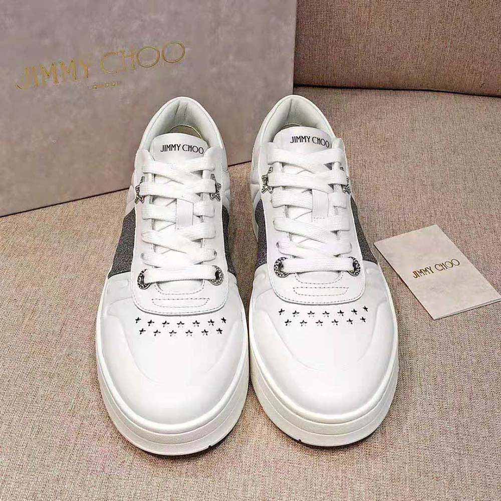 Close-up on glitter stripe detail of Jimmy Choo Women Hawaii/f White Calf Leather Trainers