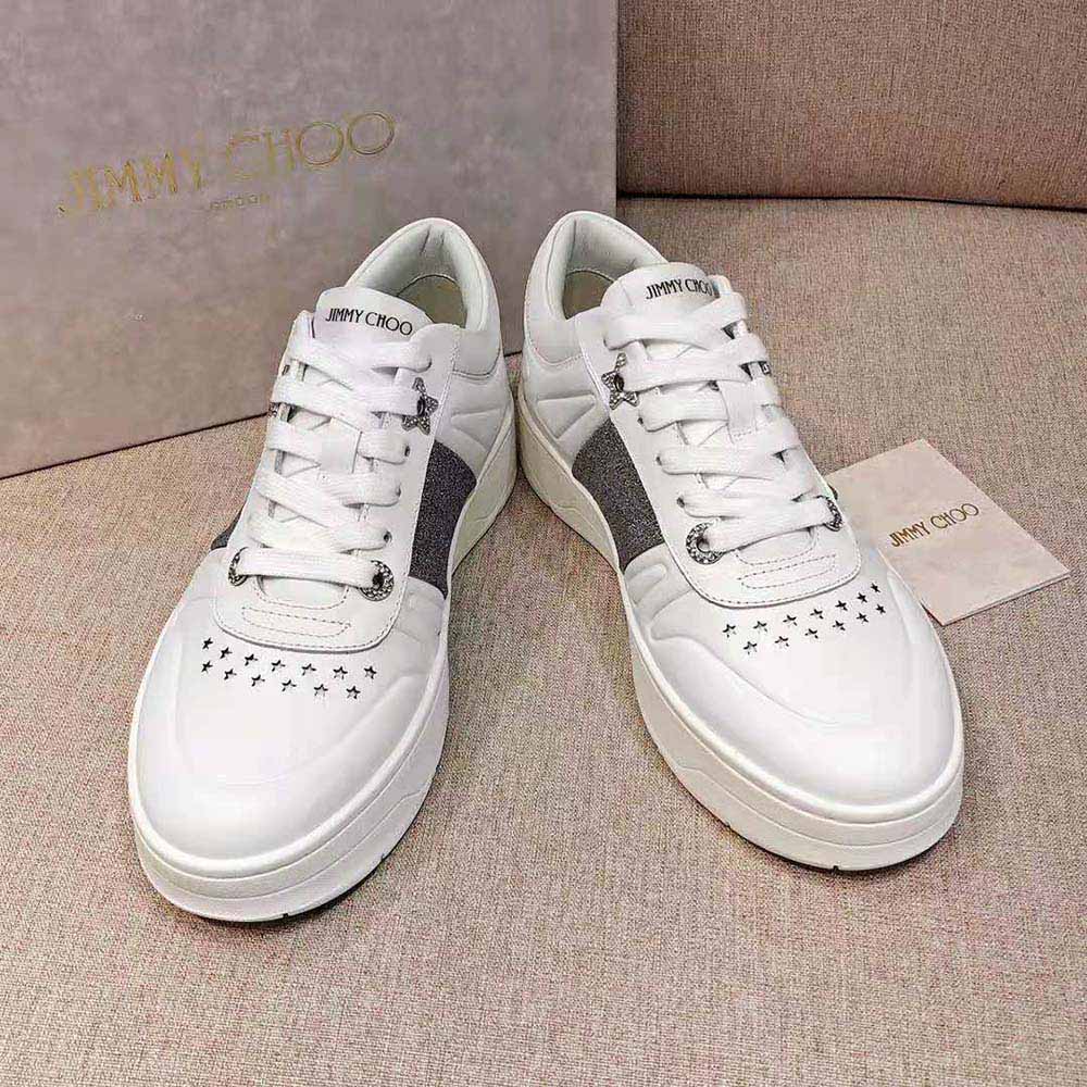 Top view lace-up design of Jimmy Choo Women Hawaii/f White Calf Leather Trainers