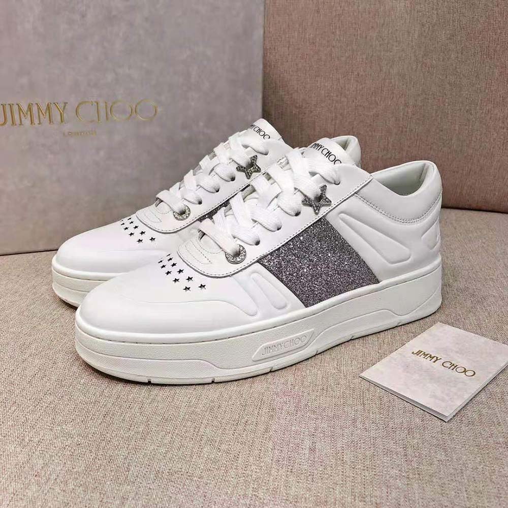 Jimmy Choo Women Hawaii/f White Calf Leather Lace-Up Trainers with Glitter Stripe - image 4