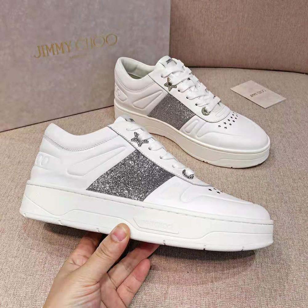 Jimmy Choo Women Hawaii/f White Calf Leather Lace-Up Trainers with Glitter Stripe - image 5