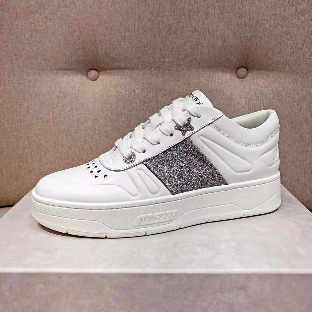 Jimmy Choo Women Hawaii/f White Calf Leather Lace-Up Trainers with Glitter Stripe - image 7