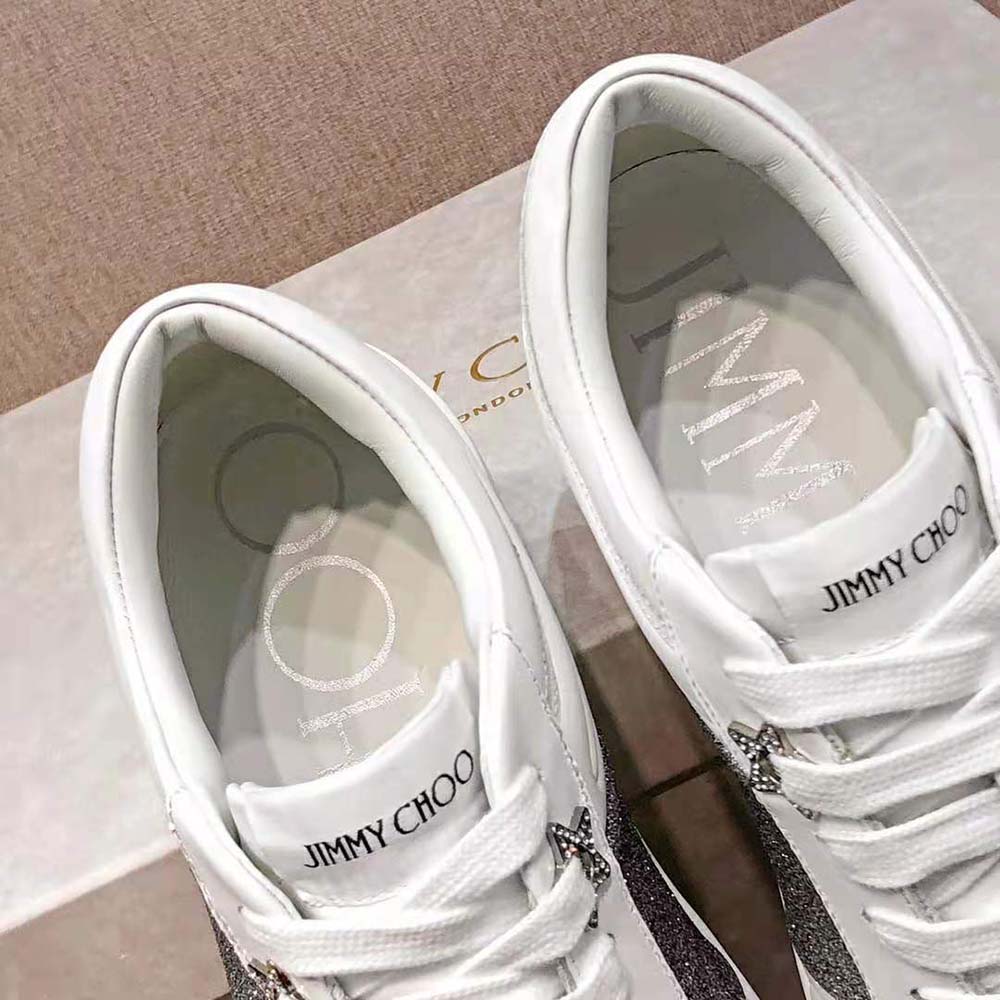 Jimmy Choo Women Hawaii/f White Calf Leather Lace-Up Trainers with Glitter Stripe - image 9