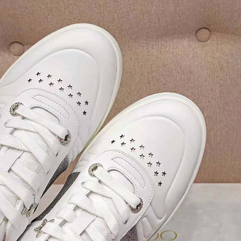 Jimmy Choo Women Hawaii/f White Calf Leather Lace-Up Trainers with Glitter Stripe - image 8