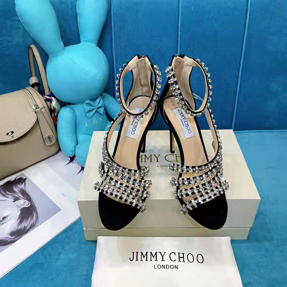 Close-up of crystal embellishments on Jimmy Choo Women Josefine 100 Black Suede Sandals strap