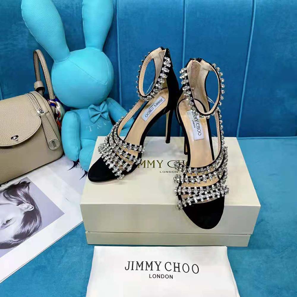 Jimmy Choo Women Josefine 100 Black Suede Sandals with Crystal Embellishment - image 8
