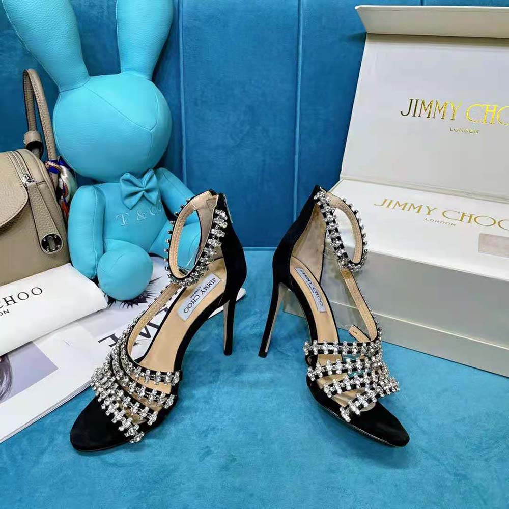 Jimmy Choo Women Josefine 100 Black Suede Sandals with Crystal Embellishment - image 7