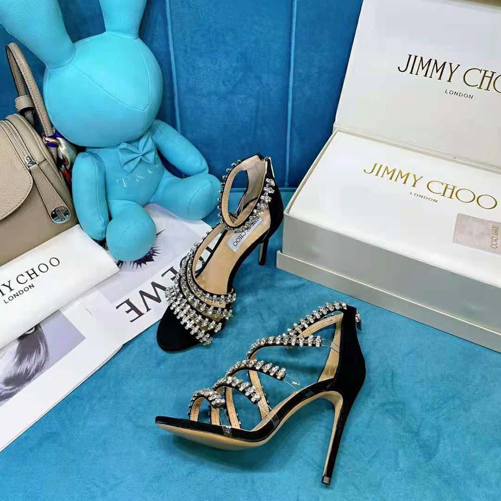 Jimmy Choo Women Josefine 100 Black Suede Sandals with Crystal Embellishment - image 6