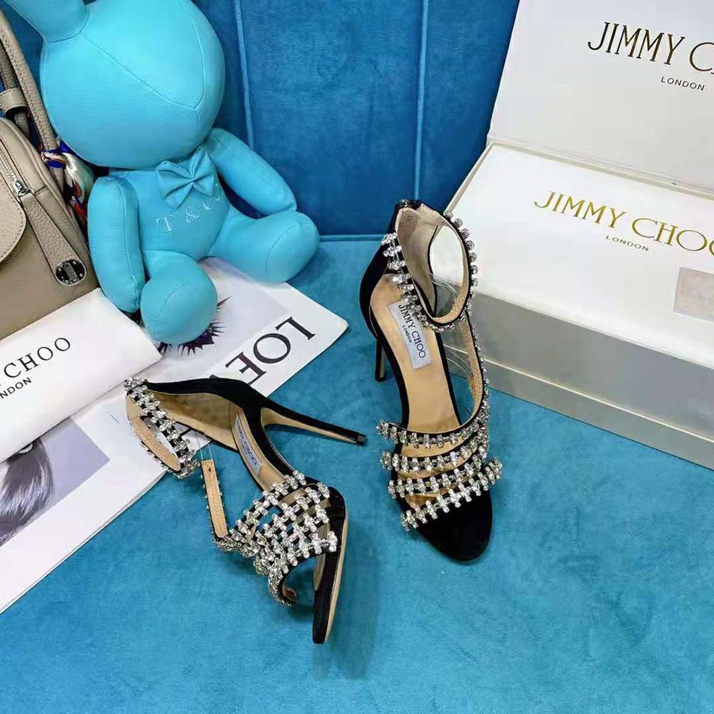 Jimmy Choo Women Josefine 100 Black Suede Sandals with Crystal Embellishment - image 4