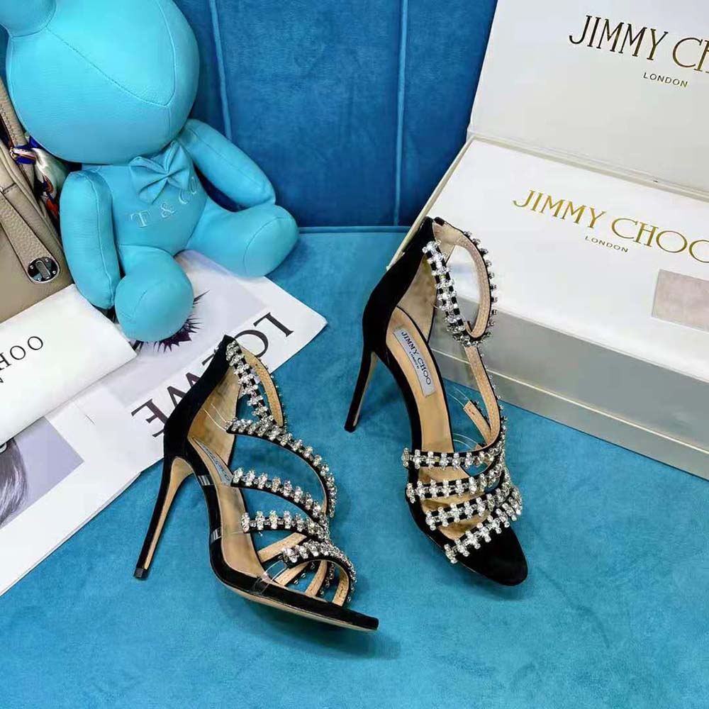 Overhead shot of Jimmy Choo Women Josefine 100 Black Suede Sandals highlighting buckle closure
