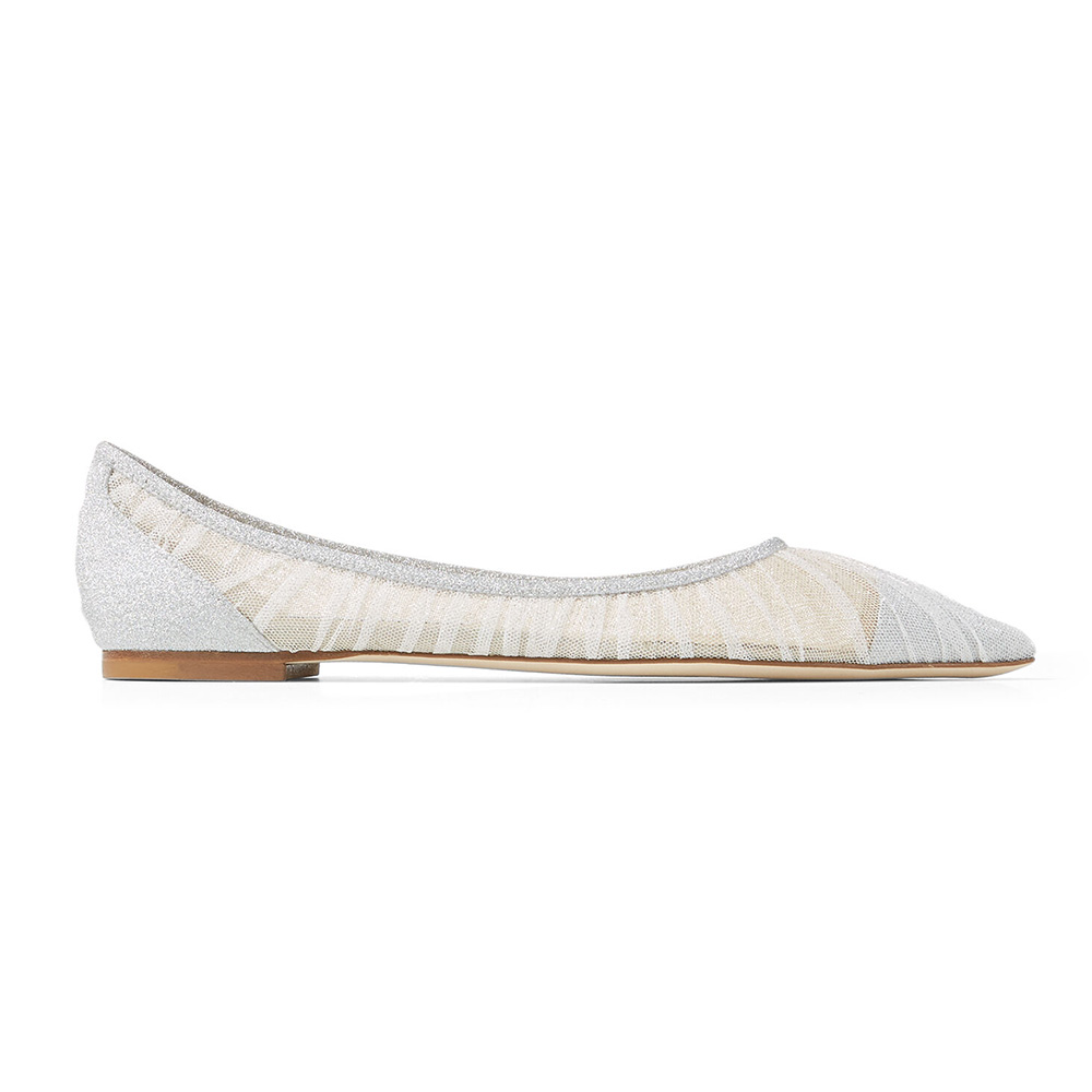 Side profile of Jimmy Choo Women Love Flat Metallic Silver Glitter Fabric Flats