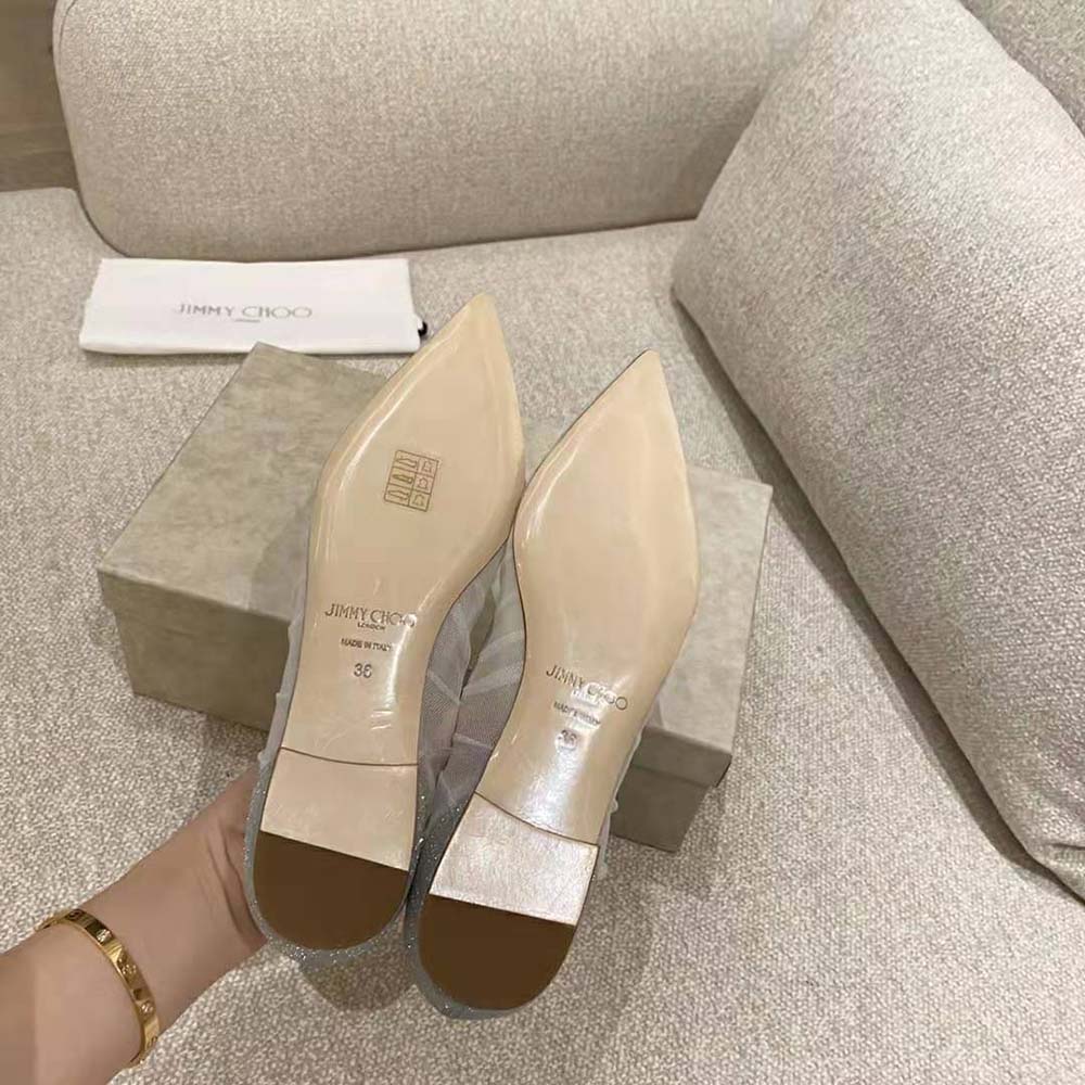 Jimmy Choo Women Love Flat Metallic Silver Glitter Fabric Flats with Ivory Tulle Overlay - image 6