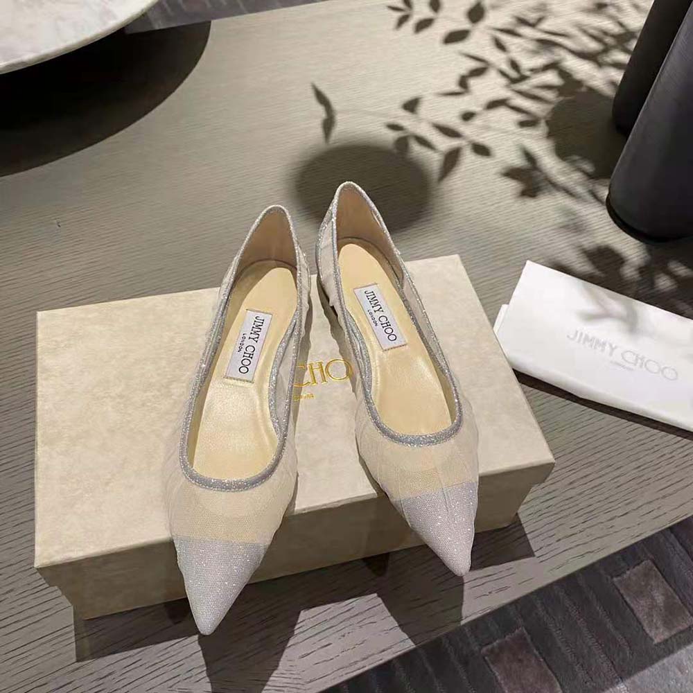 Close-up of ivory tulle overlay on Jimmy Choo Women Love Flats