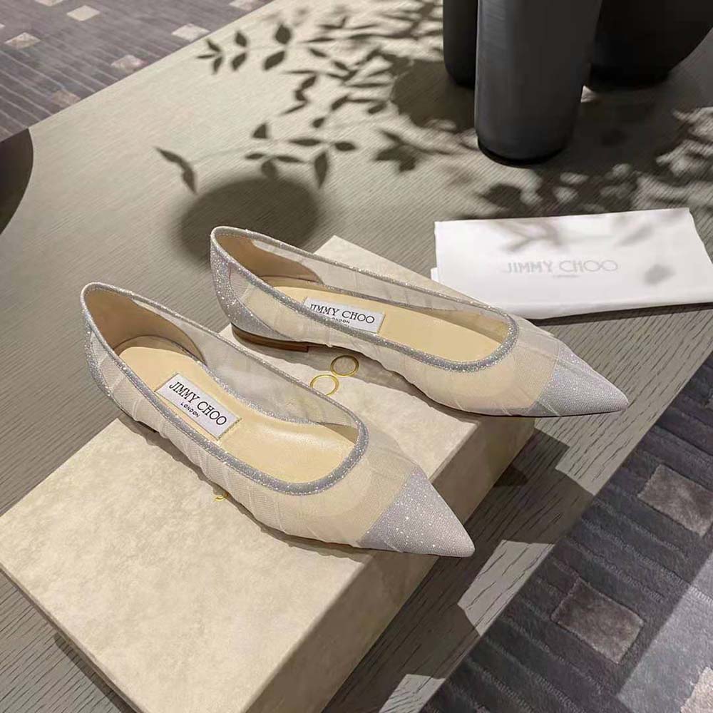 Top-down view showing glitter fabric and interior lining of Jimmy Choo Flats