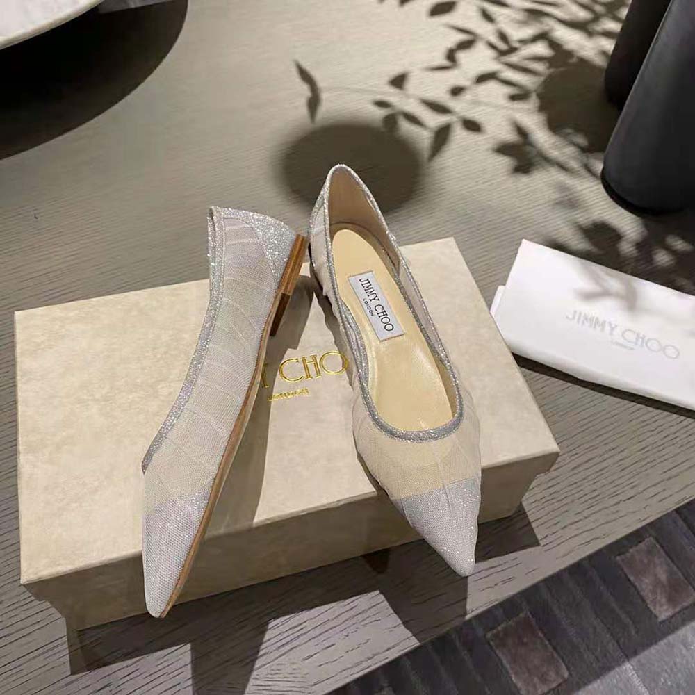 Jimmy Choo Women Love Flat Metallic Silver Glitter Fabric Flats with Ivory Tulle Overlay - image 4