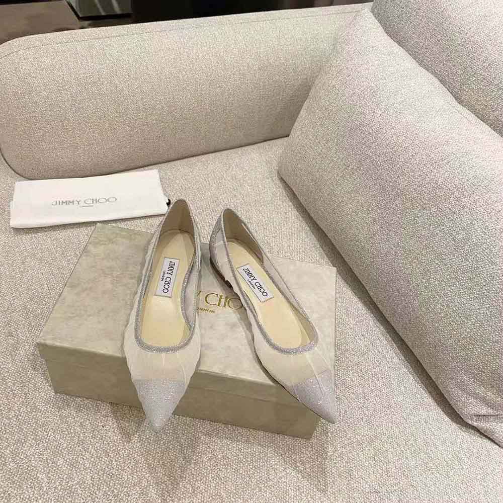 Jimmy Choo Women Love Flat Metallic Silver Glitter Fabric Flats with Ivory Tulle Overlay - image 5