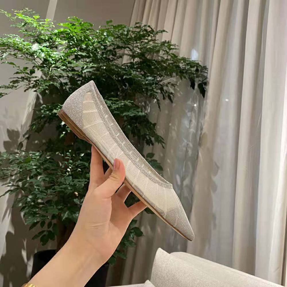 Jimmy Choo Women Love Flat Metallic Silver Glitter Fabric Flats with Ivory Tulle Overlay - image 10