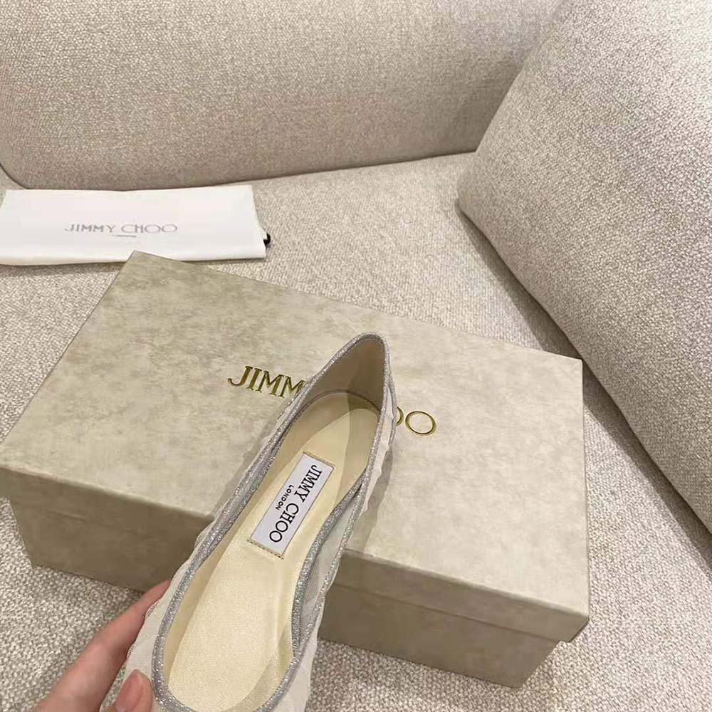 Jimmy Choo Women Love Flat Metallic Silver Glitter Fabric Flats with Ivory Tulle Overlay - image 9