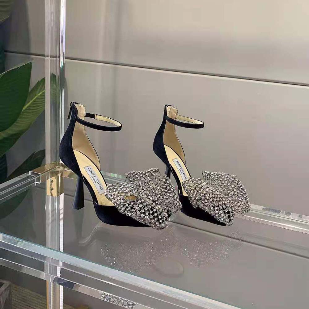 Front angled view of Jimmy Choo Women Mana 100 Black Suede Sandals high heels
