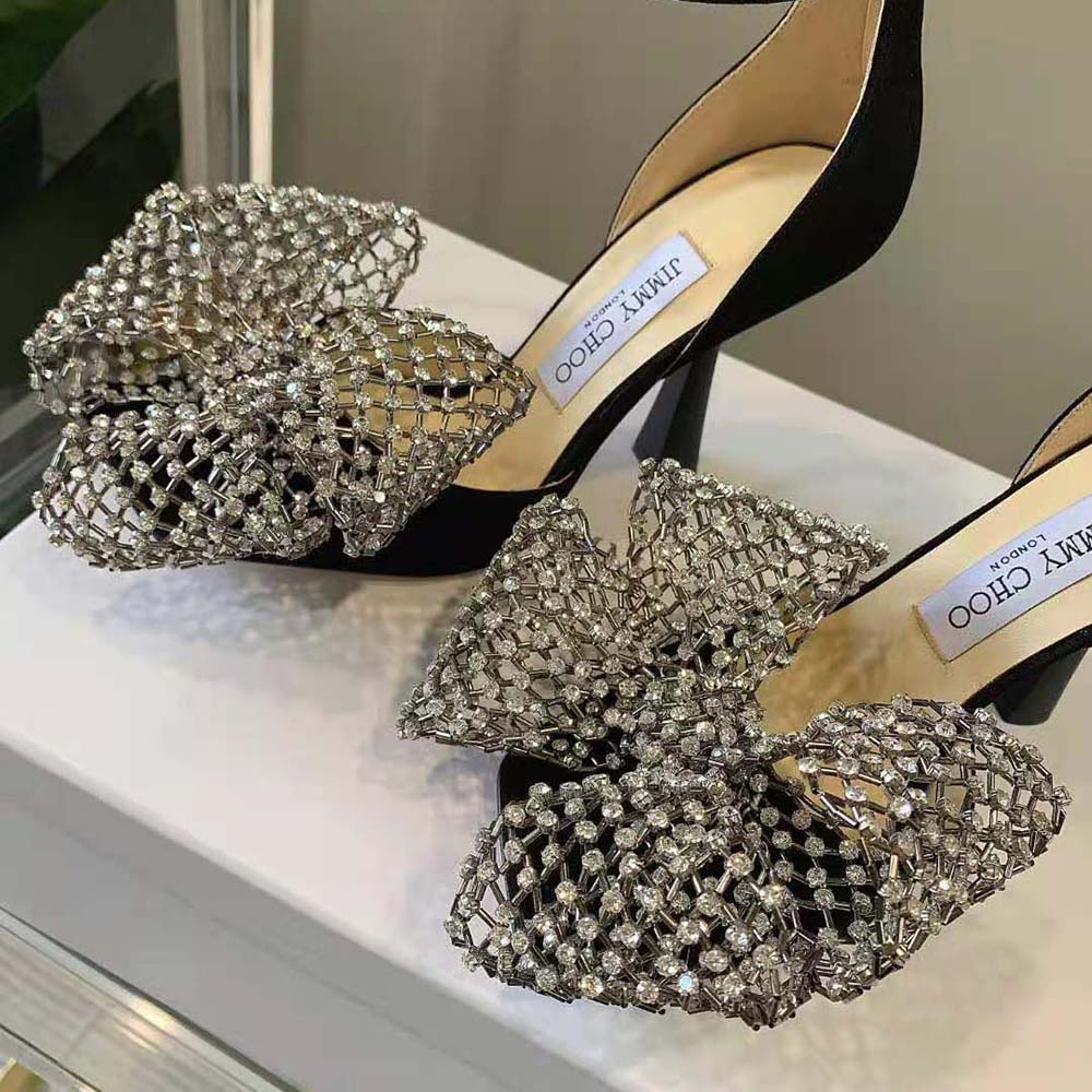 Jimmy Choo Women Mana 100 Black Suede Sandals with Crystal Bow Clasp - image 4