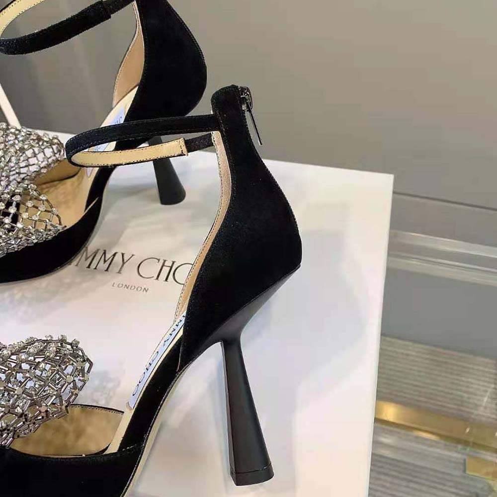 Jimmy Choo Women Mana 100 Black Suede Sandals with Crystal Bow Clasp - image 10