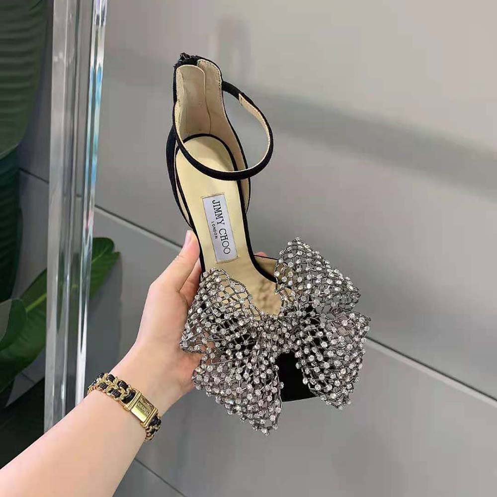 Jimmy Choo Women Mana 100 Black Suede Sandals with Crystal Bow Clasp - image 6