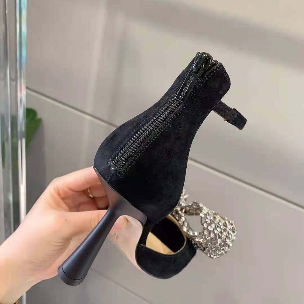 Jimmy Choo Women Mana 100 Black Suede Sandals with Crystal Bow Clasp - image 8