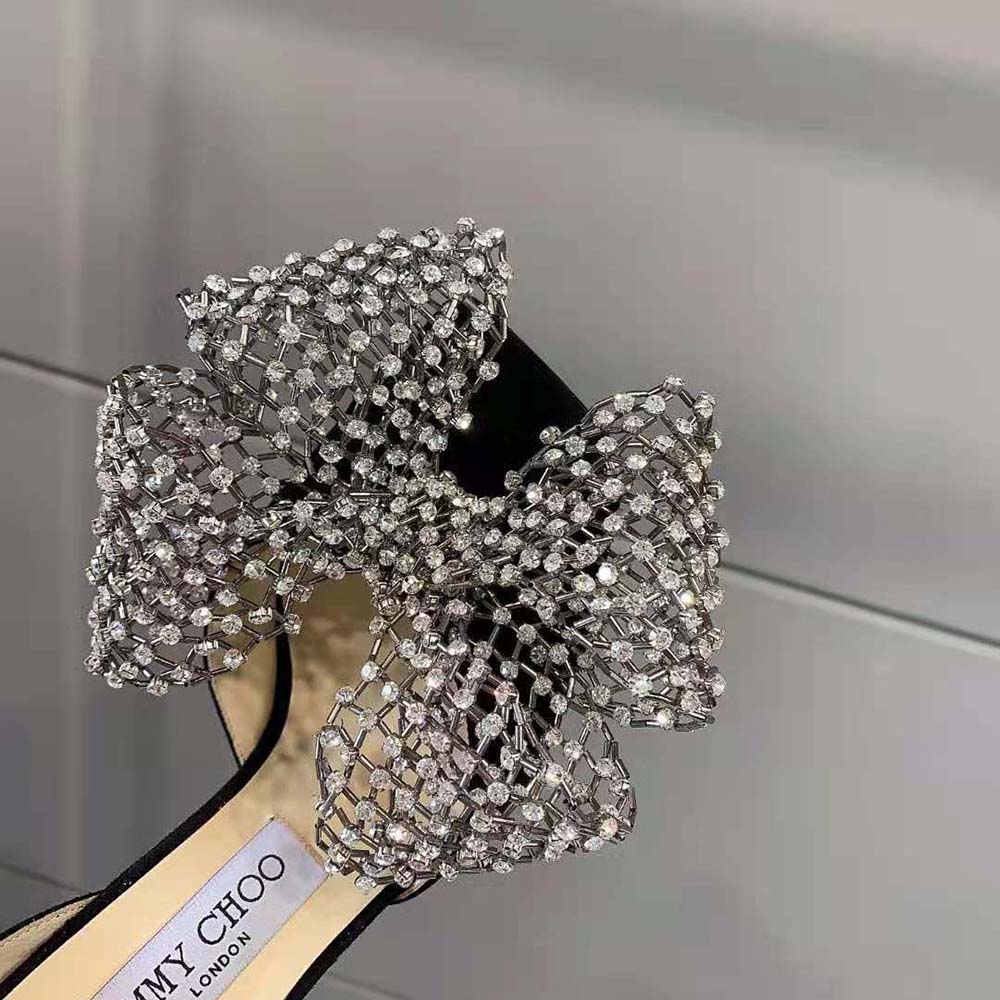 Jimmy Choo Women Mana 100 Black Suede Sandals with Crystal Bow Clasp - image 7