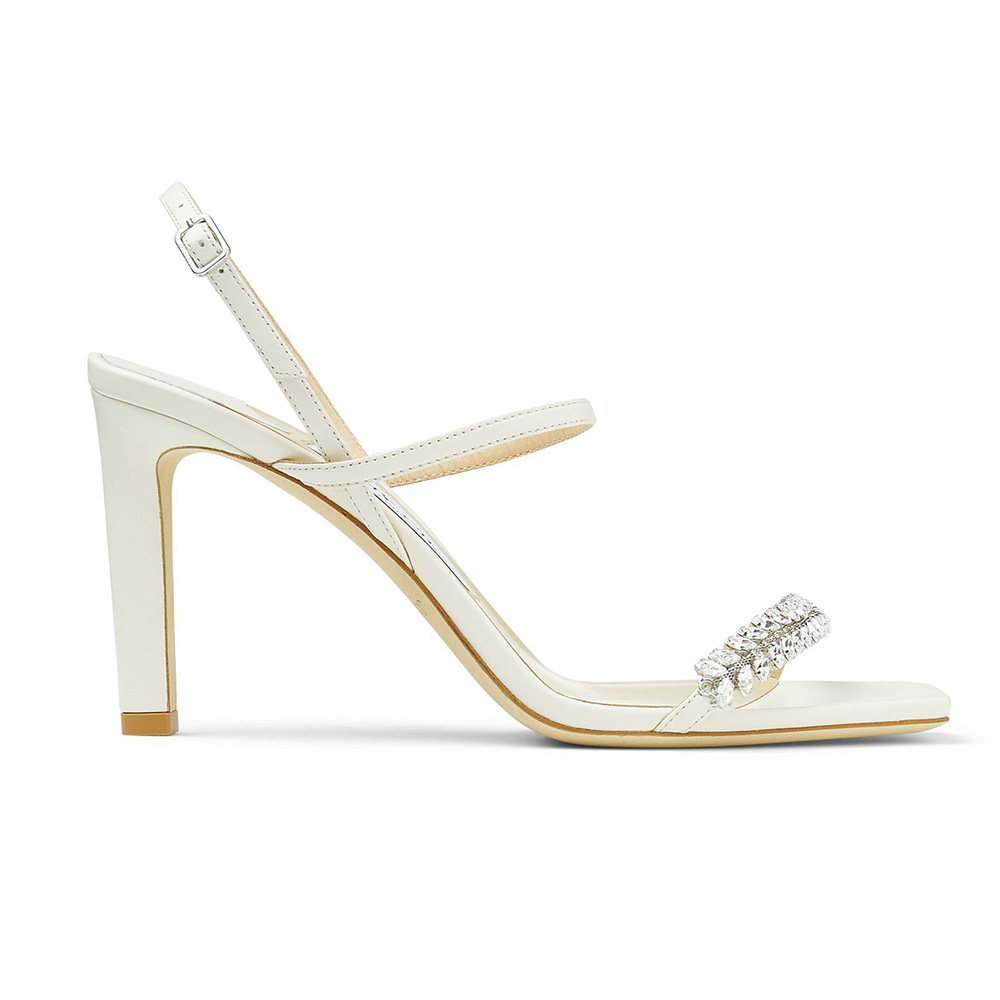 Side view of Jimmy Choo Women Meira 85 Latte Nappa Sandals with leaf crystals