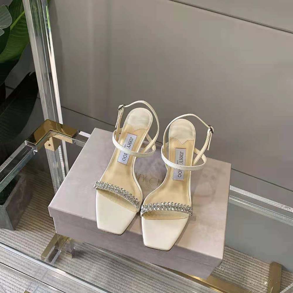 Close-up on leaf crystal embellishment on Jimmy Choo Meira 85 sandals