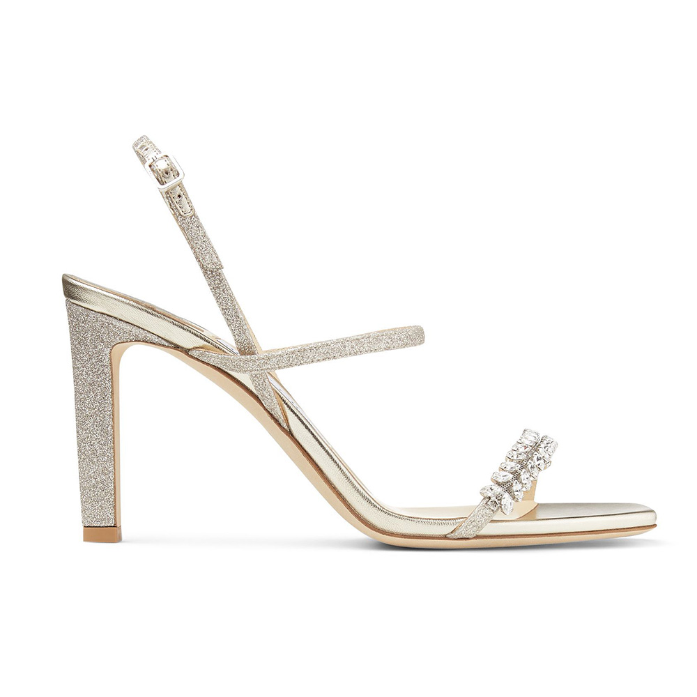 Side view of Jimmy Choo Women Meira 85 Platinum Lce Dusty Glitter Sandals