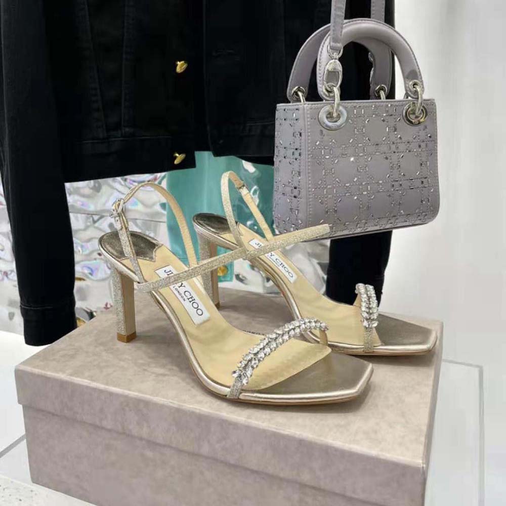 Close-up of glitter and lace detail on Jimmy Choo Women Meira 85 Platinum Lce Dusty Glitter Sandals